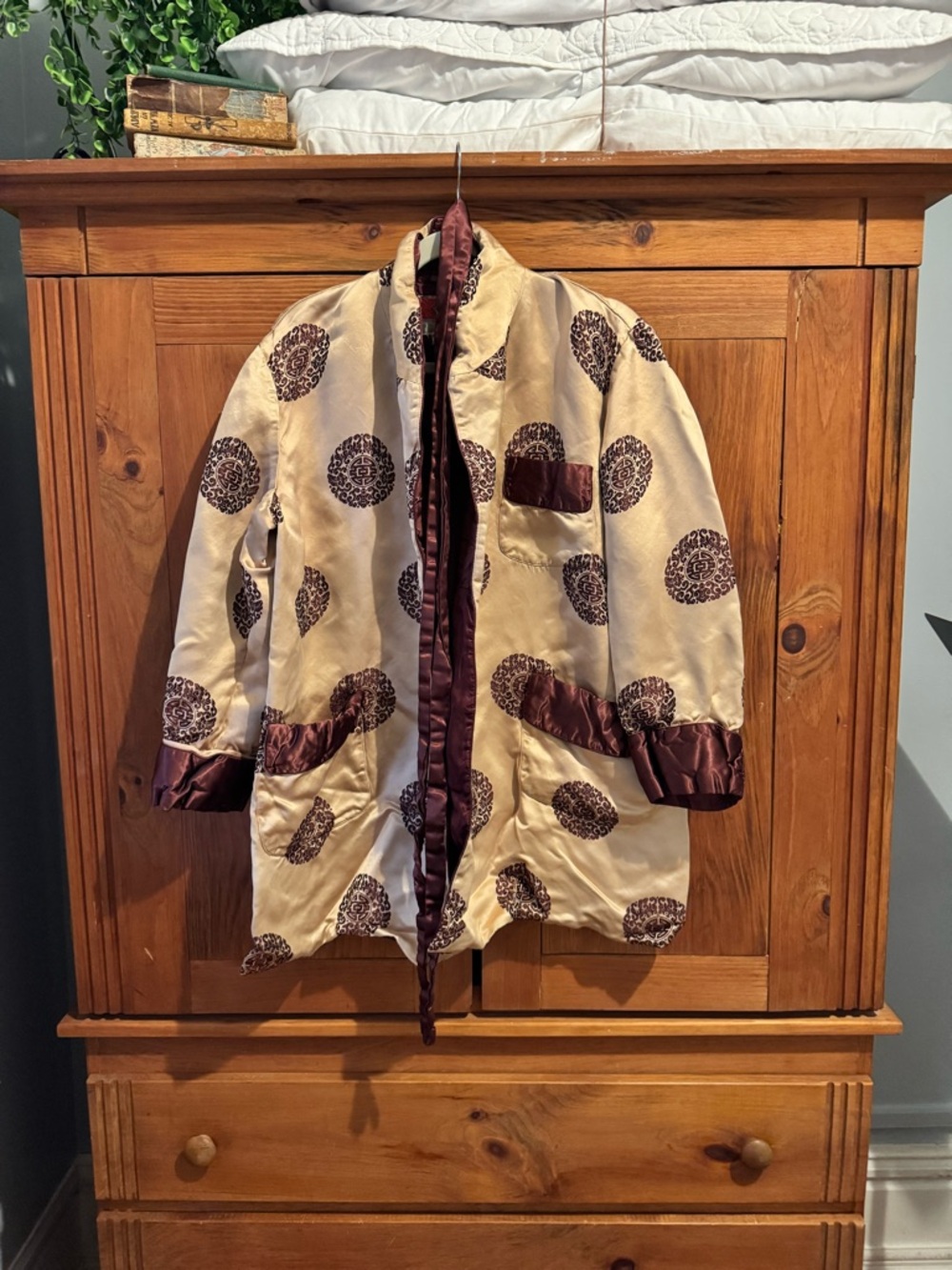 Silk-Look Tan Jacket with Brown Medallion   Embroidery